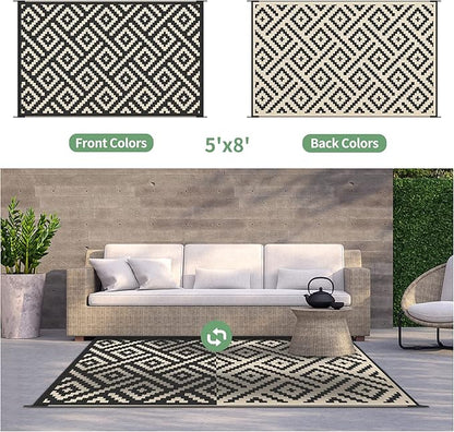 GENIMO 5x8 Outdoor Rug Waterproof, Reversible Mats, Area Rug, Plastic Outside Carpet, Geometric Rv Mat for Patio Camping Rv Picnic Backyard Deck Balcony Porch Beach Trailer (Black & Beige)