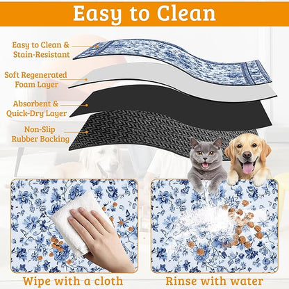 Blue Flower Dog Food Mat,Absorbent Pet Feeding Mat for Food and Water Bowl,Quick Dry Dog Placemat Non Slip Rubber Backing Waterproof Pet Supplies 12" x 20"