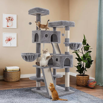 WEEWAY Cat Tree Tower for Indoor Cats,65'' Multi-Level Cat Furniture Activity Center,Stand House Condo Cave,Sisal Scratching Posts Ramps,Plush Perches Platforms Basket Hammock,Grey