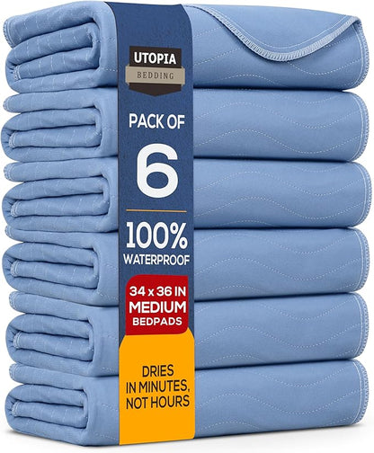 Utopia Bedding Washable Underpads 34" x 36" (Pack of 6), Waterproof Reusable Heavy Absorbency Incontinence Bed Pads for Adults, Kids, Elderly and Pets, Bedwetting Pads for Sofa and Couch (Blue)
