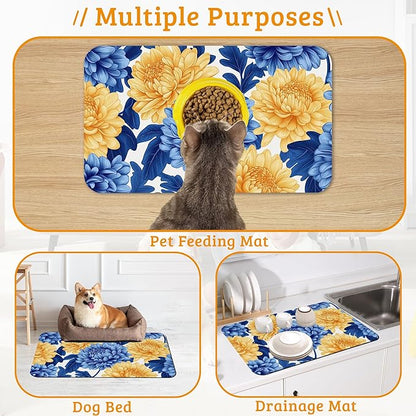 Blue Yellow Flowers Dog Food Mat,Absorbent Pet Feeding Mat for Food and Water Bowl,Quick Dry Dog Placemat Non Slip Rubber Backing Waterproof Pet Supplies 16" x 24"