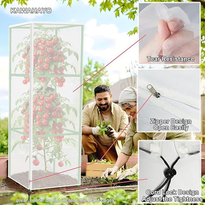 Garden Bird Netting Plant Cover for Square Tomato Cage, 59" x 17.7" Insect Barrier Tomato Cage Net with Zipper and Drawstring, Tomato Trellis Netting Protection Cover for Protecting Plant (6 Pack)