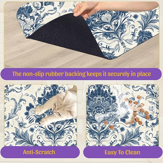 Vintage Floral Paisley Pet Feeding Mat, Absorbent Dog Cat Bowl Pad, Quick Dry, No Stains, Non-Slip Backing – 12x20 Inch