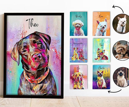 Julyly POD Custom Dog Portrait, Personalized Canvas Wall Art with Name, Whimsical Painting Decor, Pet Portrait from Photo, Cat Poster, Pet Memorial Gift, Birthday, Christmas Gift for Dog Lovers