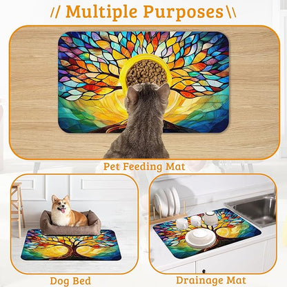 Tree of Life Feeding Mat,Colorful Tree Absorbent Quick-Dry Cat Dog Food and Water Bowl Mats,Non-Slip Rubber Backing Mat,Cat Dog Accessories Supplies 16" x 24"