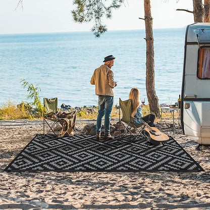 GENIMO Outdoor Rug 4x6 Waterproof, Reversible Mats, Outdoor Area Rug, Plastic Outside Carpet, Eeometric Rv Mat for Patio Camping Rv Picnic Backyard Deck Balcony Porch Beach (Black & Grey)