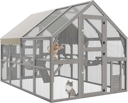 DWVO Extra Large Catio Outdoor Cat Enclosure, 110 inch Outside Cattery with Weatherproof Roof, Cat Scratcher Ramp, Cat Space Capsule Bed, 2 Bridges, 2 Resting Houses, 7 Platforms