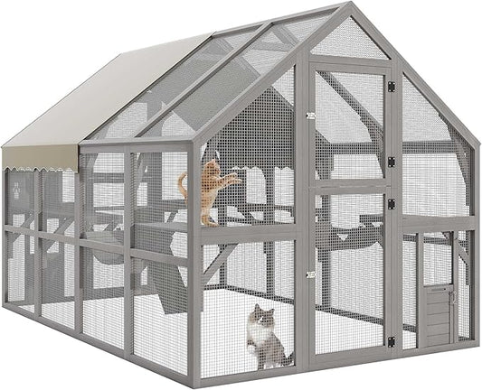 DWVO Extra Large Catio Outdoor Cat Enclosure, 110 inch Outside Cattery with Weatherproof Roof, Cat Scratcher Ramp, Cat Space Capsule Bed, 2 Bridges, 2 Resting Houses, 7 Platforms