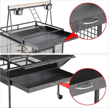 Yaheetech 69-inch Wrought Iron Rolling Large Parrot Bird Cage for African Grey Small Quaker Amazon Cockatiel Sun Parakeet Green Cheek Conure Dove Lovebird Budgie Play Top with Stand