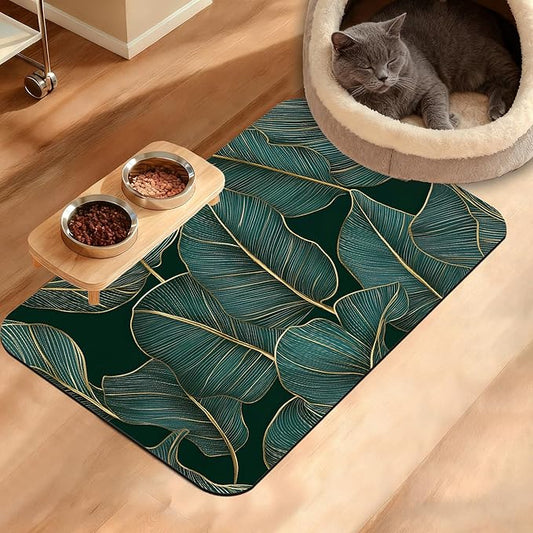 Tropical Palm Feeding Mat,Green Leaves Absorbent Quick-Dry Cat Dog Food and Water Bowl Mats,Non-Slip Rubber Backing Mat,Cat Dog Accessories Supplies 16" x 24"