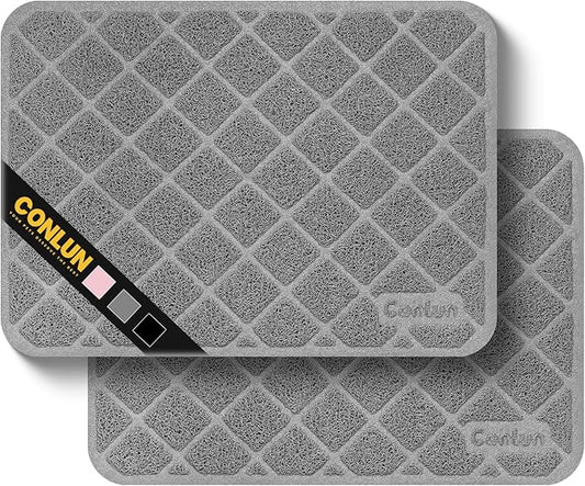 Cat Litter Mat Litter Trapping Mat, 24" x 17" Premium Durable PVC Grid Mesh with Scatter Control, Non-slip, Less Waste Cat Litter Box Mat, Grey 2 Pack