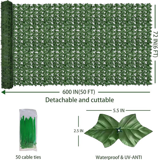Artificial Fence Privacy Screen: 6FT x 50FT UV-Anti Faux Greenery Backdrop Ivy Chain Link Shades Panels for Patio, Balcony, Garden,Deck,Backyard Indoor Outdoor Green Wall Decor