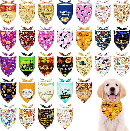 30 Pcs Halloween Thanksgiving Dog Bandanas Bulk Stitch Dog Bandanas for Small Medium Dogs Polyester Scarves Large Puppy Cats Party Grooming M