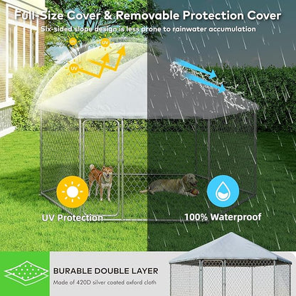6.8x6.8 FT Outdoor Dog Kennel Outside Heavy Duty Dog Enclosure with Waterproof Cover and Security Lock, Galvanized Wire Mesh Hexagonal Large Dog Kennel(81x81x95.3IN)