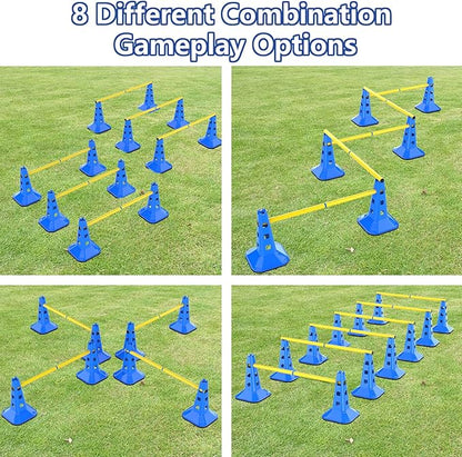 Dog Agility Hurdle Cone Set, Adjustable Height Dog Agility Course for Backyard Training, 12 Cones with PVC Crossbar, 4 Height Levels (12 Pack)