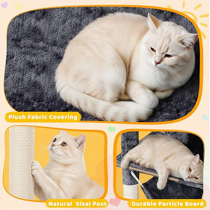 Yaheetech Cat Tree, 67in Large Tower w/ 3 Removable Teaser Sticks, 2 Kitten-Ear Shaped Perches, 2 Condos, Hammock, Scratching Post, Multi Level Pet House, Dark Gray