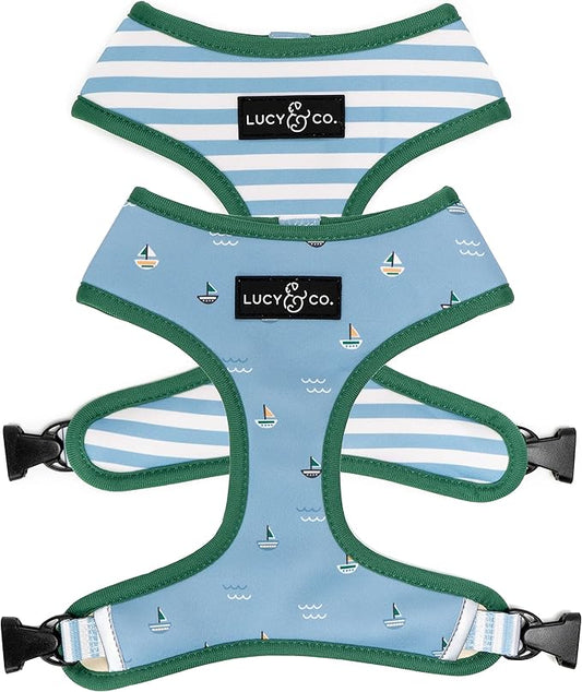 Lucy & Co. Set Sail Reversible Harness, Walking Halter - Best Designer Pet Harnesses for Small Dogs - Padded Adjustable Vest for Easy Walking, Small, Blue & White Stripes & Sailboats