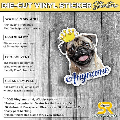 Custom Pet Name Sticker Personalized Text Face Photo Crown King Queen Animal Lovers Decal Waterproof Die Cut Vinyl & Transparent DTF Decal for Laptop Helmet Car Cup Phone Tablet for Male Female