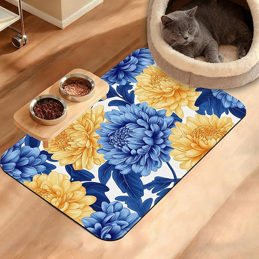 Blue Yellow Flowers Dog Food Mat,Absorbent Pet Feeding Mat for Food and Water Bowl,Quick Dry Dog Placemat Non Slip Rubber Backing Waterproof Pet Supplies 16" x 24"