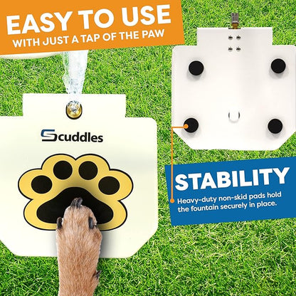 Scuddles Outdoor Dog Water Fountain – Step-On Dog Sprinkler Toy with Stainless Steel Hose, Brass Valve & Non-Slip Base – Automatic Pet Water Dispenser for Dogs, Easy to Use & Clean