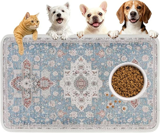 PUPTECK Dog Food Mat, Absorbent Pet Feeding Bowl Mat, Non-Slip Dog Mat for Food and Water, Quick Dry No Stains Cat Placemats Pet Supplies for Messy Drinkers, Blue 12"x20"