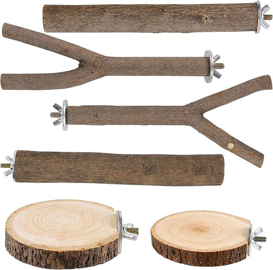 6 PCS Bird Perch Set, Natural Birch Wood Straight & Forked Perches with Platforms for Parakeets, Cockatiels, Conures, Lovebirds - Cage Accessories for Climbing & Exercise
