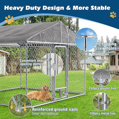10×10×7 FT Outdoor Dog Kennel with Roof, Dog Enclosure w/Rotating Feeder, Large Heavy Duty Dog Run Playpen w/2 Stainless Bowls, Galvanized Pet House w/Secure Lock, Waterproof Cover