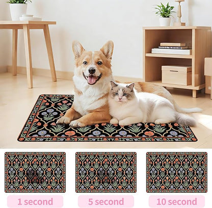 Pet Feeding Mat 24 x 16 Inch, Black Floral Pet Placemat Absorbent Quick-Dry for Food and Water, Waterproof Non Slip Rubber Bowl Pad Mat for Floors