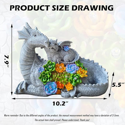 Dragon Solar Garden Statues Outdoor Decoration with Succulent and 6 LED Lights,Dragon Figurine Solar Lights Lawn Décor,Outside Statue Ornament for Patio, Balcony, Yard,Unique Gift for Mom