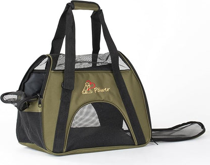 Pawer Soft-Sided Pet Carrier for Cat and Small Dog,Olive Color,Medium Size,Washable 600D Oxford Cloth Airline Approved Travel Tote,with 2 Mesh Opens and a Strap for Carry,Multiple Colors Available