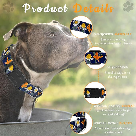 Dog Collar with Butterflies Print, Daisy Boys Girls Puppy Collar for Small Medium Large Dogs, Adjustable Soft Floral Pet Collar with Safety Buckle for Male Females(Blue Butterfly,L)