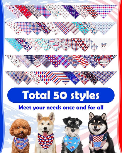 PET SHOW 50 Pack 4th of July Dog Bandanas Bulk Washable American Flag Dog Patriotic Scarves for Small Medium Dogs Puppy Star&Stripe Triangle Bibs Kerchief Set Cats Pet Girl Boy Grooming Accessories