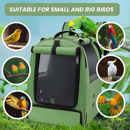 Bird Backpack Travel Cage for Cockatiel, Parrot, Parakeet With 2 Bowls Tray and Standing Perch - African Grey Carrier for Large and Small Birds (Green)