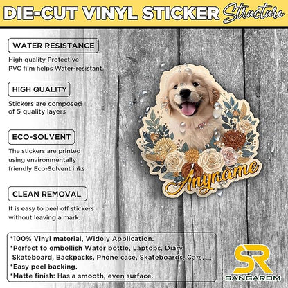 Custom Pet Face Photo Name Floral Sticker Personalized Text Image Animal Flower Decal Waterproof Vinyl Decal for Water Bottles Tumbler Laptop Hard Hat Car Kindle Gifts for Girl Boy