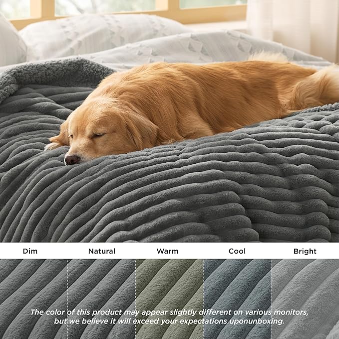 Bedsure ComfyFleece™ Waterproof Dog Blankets for Large Dogs - Soft Pet Cat Blanket Corduroy Fleece for Couch Protector Washable, Cozy Calming Reversible Furniture Protection,40"x50", Warm Grey
