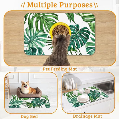 Dog Bowl Mat,Leaves Pet Feeding Mat for Floors Waterproof,Tropical Palm Absorbent Dogs Placemat for Food and Water Quick Dry Pet Cat Feeding Mats with Non Slip Bottom 12" x 20"
