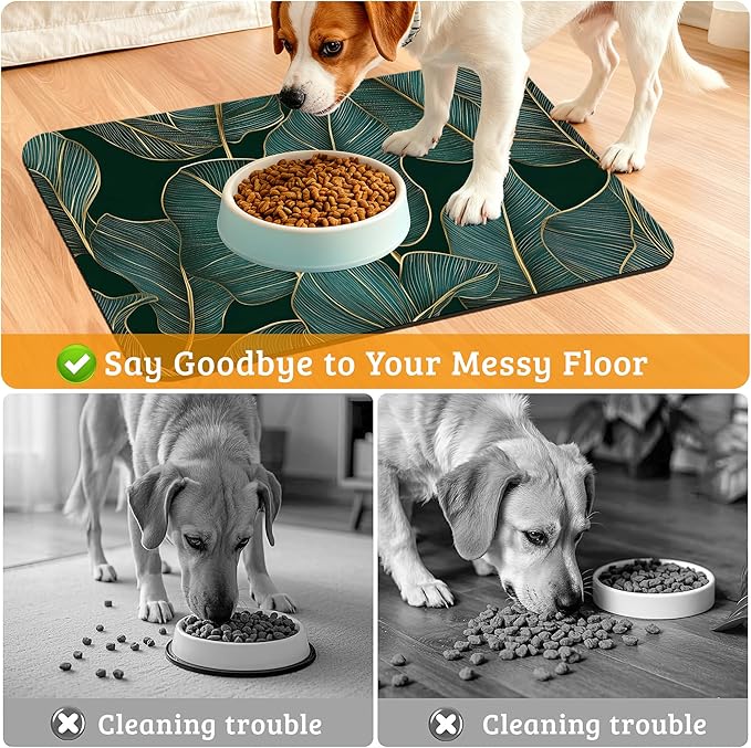 Tropical Palm Feeding Mat,Green Leaves Absorbent Quick-Dry Cat Dog Food and Water Bowl Mats,Non-Slip Rubber Backing Mat,Cat Dog Accessories Supplies 12" x 20"