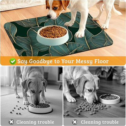 Tropical Palm Feeding Mat,Green Leaves Absorbent Quick-Dry Cat Dog Food and Water Bowl Mats,Non-Slip Rubber Backing Mat,Cat Dog Accessories Supplies 12" x 20"