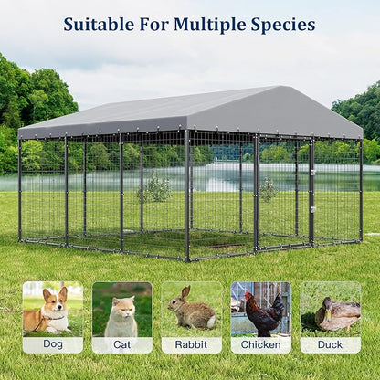 Kullavik 10x10x6 FT Large Outdoor Dog Kennel,Anti-Rust Galvanized Steel Dog Pen with Double Locks,Heavy Duty Dog Enclosure Fence with UV & Water Resistant Roof Cover for Outside