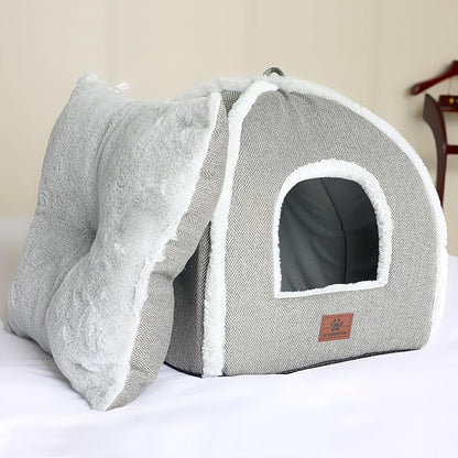 Cat Beds for Indoor Cats-Cat Bed Cave House Tent for Kittens and Small Pets with Washable Cushioned,Soft and Warm Indoor House, Grey, 15 inches
