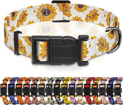 Dog Collar, Floral Boys Girls Puppy Collar for Small Medium Large Dogs, Adjustable Soft Pet Collar with Safety Buckle for Male Females (White Sunflower, M)