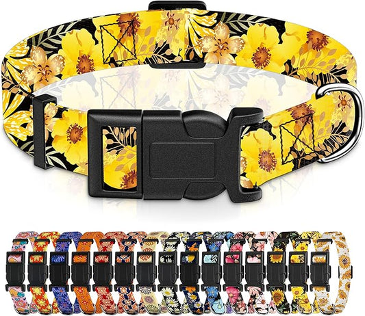Dog Collar for Boys & Girls, Adjustable Soft Pattern Pet Collar with Safety Buckle for Small to Large Dogs (Yellow Floral, L)