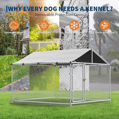 Large Dog Kennel Outdoor with Roof Heavy Duty Dog Enclosure Outside Pet Fence for Yard Dog Boarding Kennel Poultry House Cage Steel Fence with Ground Anchor Secure Lock Farm Training 7.5×7.5×5.5FT