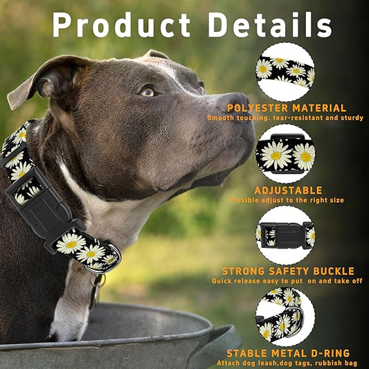 Dog Collar, Daisy Boys Girls Puppy Collar for Small Medium Large Dogs, Adjustable Soft Floral Pet Collar with Safety Buckle for Male Females(Black Daisy,L)