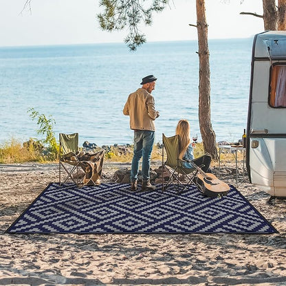 GENIMO Outdoor Rug for Patio Clearance, 6'x9' Waterproof Camping Mat, Reversible Plastic Straw Rugs for RV, Camper, Balcony, Backyard, Picnic, Deck (Blue & Grey)