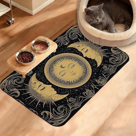 Dog Bowl Mat,Moon Sun Pet Feeding Mat for Floors Waterproof,Boho Vintage Absorbent Dogs Placemat for Food and Water Quick Dry Pet Cat Feeding Mats with Non Slip Bottom 16" x 24"