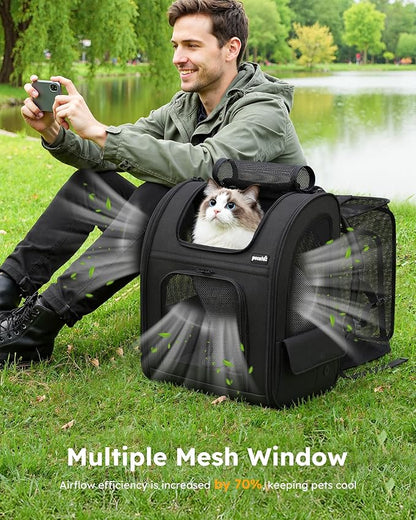 Pecute Cat Backpack Carrier XL, Expandable Pet Backpack for Cats & Small Dogs Up to 15lbs, with 4-Side Breathable Mesh, Multi-Entry & Lockable Zippers for Travel, Hiking, Camping - Hands Free, Black