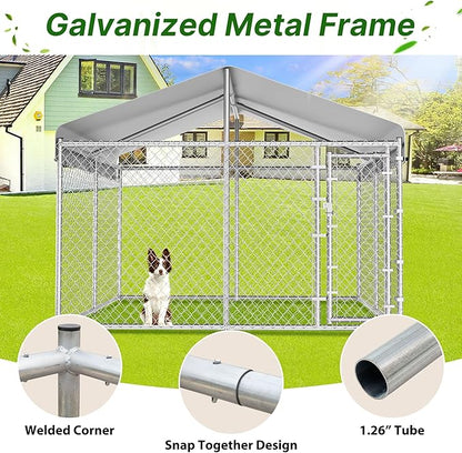 HITTITE Extra Large Outdoor Dog Kennel, 10x10x6.56ft Anti-Rust Dog Kennel Outside with Roof, Galvanized Chain Link Dog Runs for Outside with Secure Lock