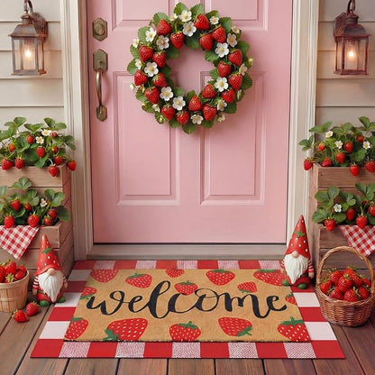 Tinideya 2 Pcs Strawberry Door Mat Fruit Pattern Design Welcome Non Slip Coir Mats Red and White Plaid Floor Layering Doormats Seasonal for Front Porch Entryway Decor(Strawberry)