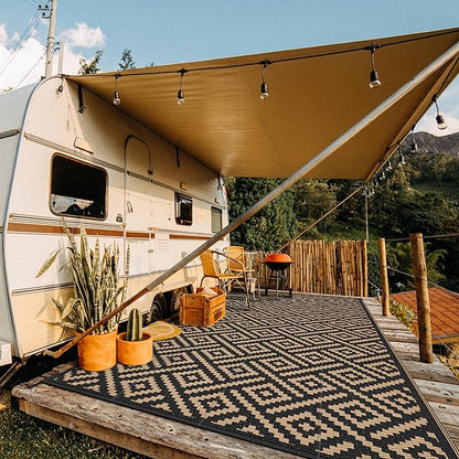 GENIMO Outdoor Rug Waterproof, 10' x 20' Reversible Plastic Straw Rugs, Lightweight Large RV Camping Mat for Patio, Deck, Camper, Balcony, Backyard, Picnic, Black & Brown